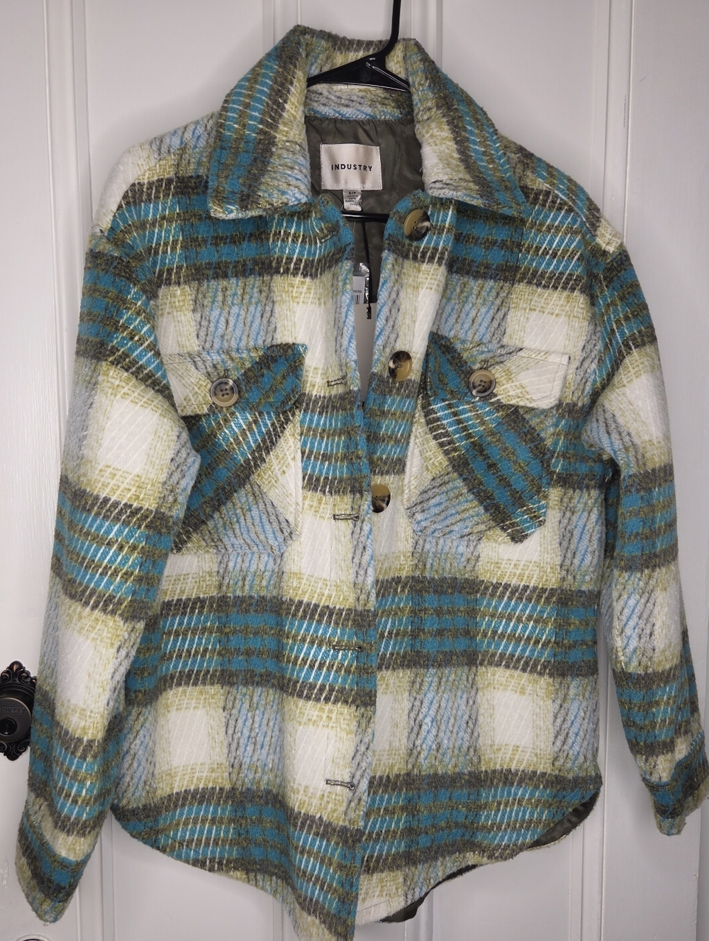 INDUSTRY Plaid Utility Shacket Jacket in Teal & Olive